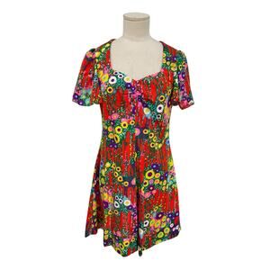 Vintage Flower Power Mini Dress Retro Floral Psychedelic Handmade 60s Size Small